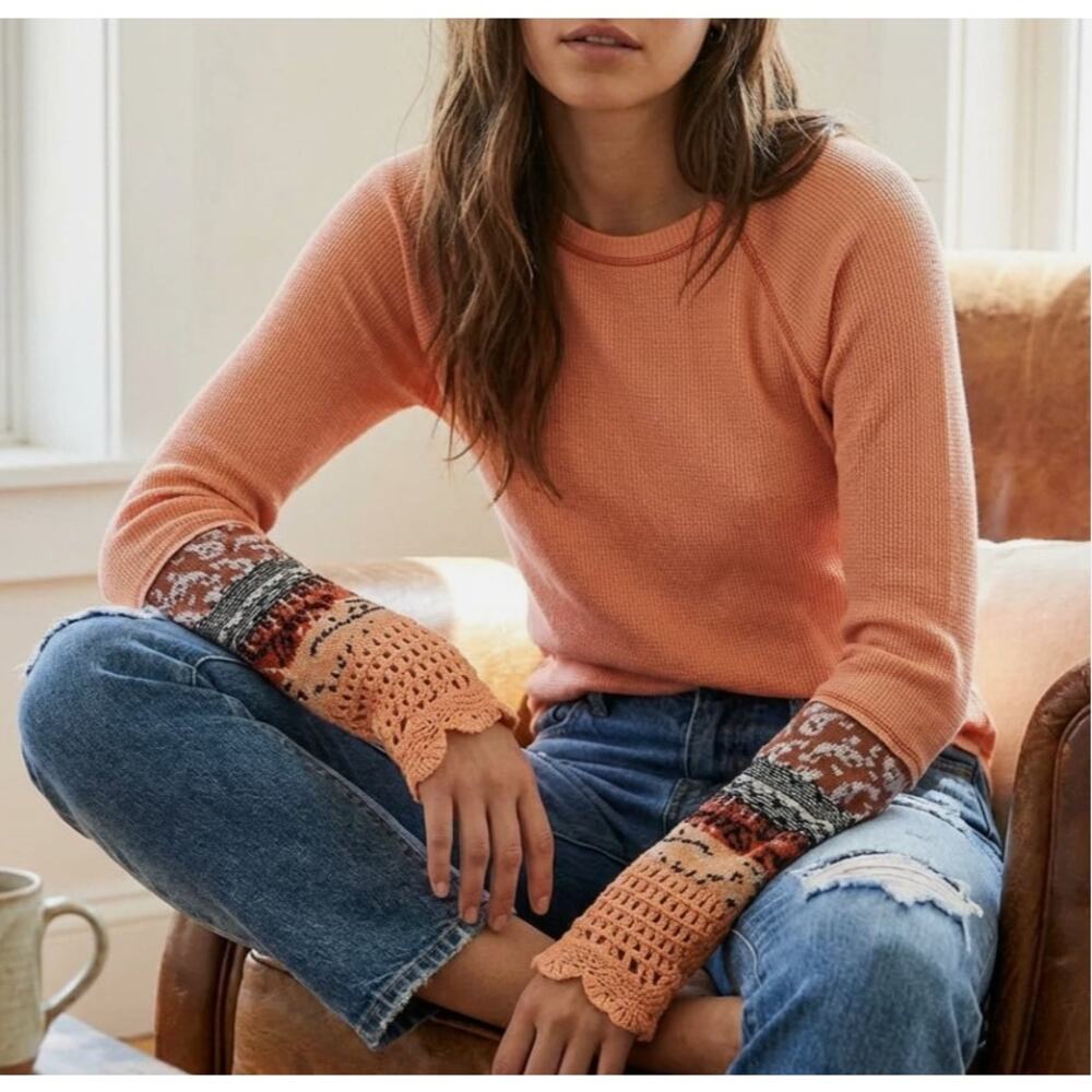FREE PEOPLE In The Mix Waffle Knit Thermal Top Medium Crochet Cuff Desert Orange
